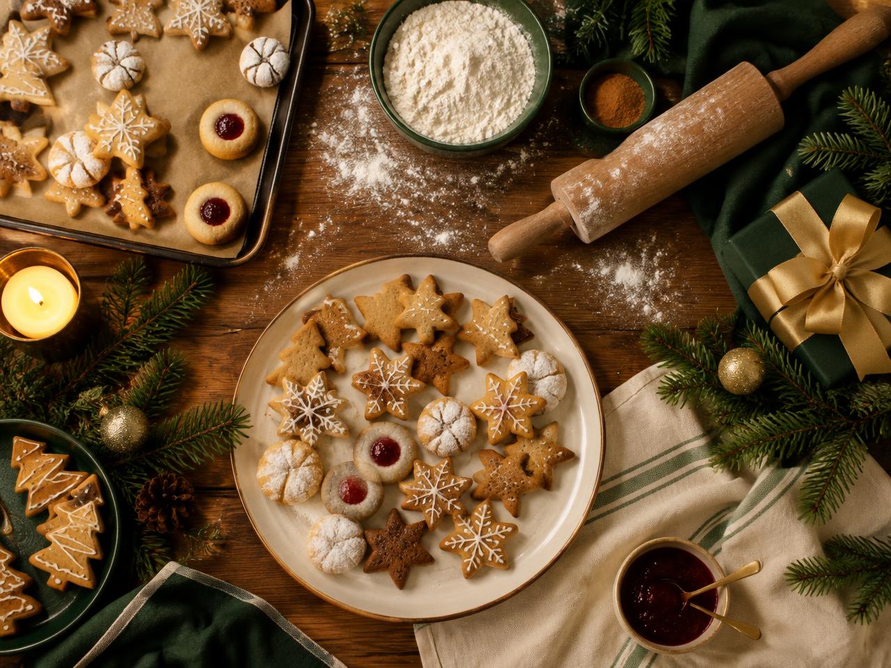 Holiday baking with cookies and a gift box